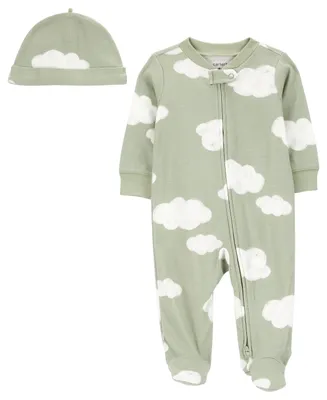 Carter's Baby Boys or Baby Girls Cloud Zip Up Sleep and Play and Cap, 2 Piece Set