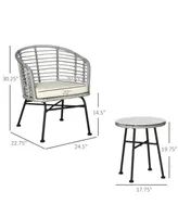 Outsunny 3-Piece Patio Bistro Set, Outdoor Wicker Conversation Set with Round Tempered Glass Top Table, 2 Rattan Armchairs for Porch