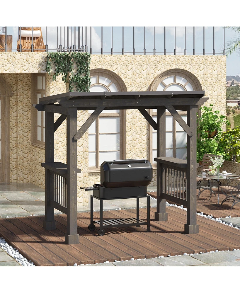 Outsunny 103.5" x 64.5" Bbq Grill Gazebo with 2 Side Shelves, Outdoor Hardtop Barbecue Barrier with Slanted Steel roof, Solid Wood Frame