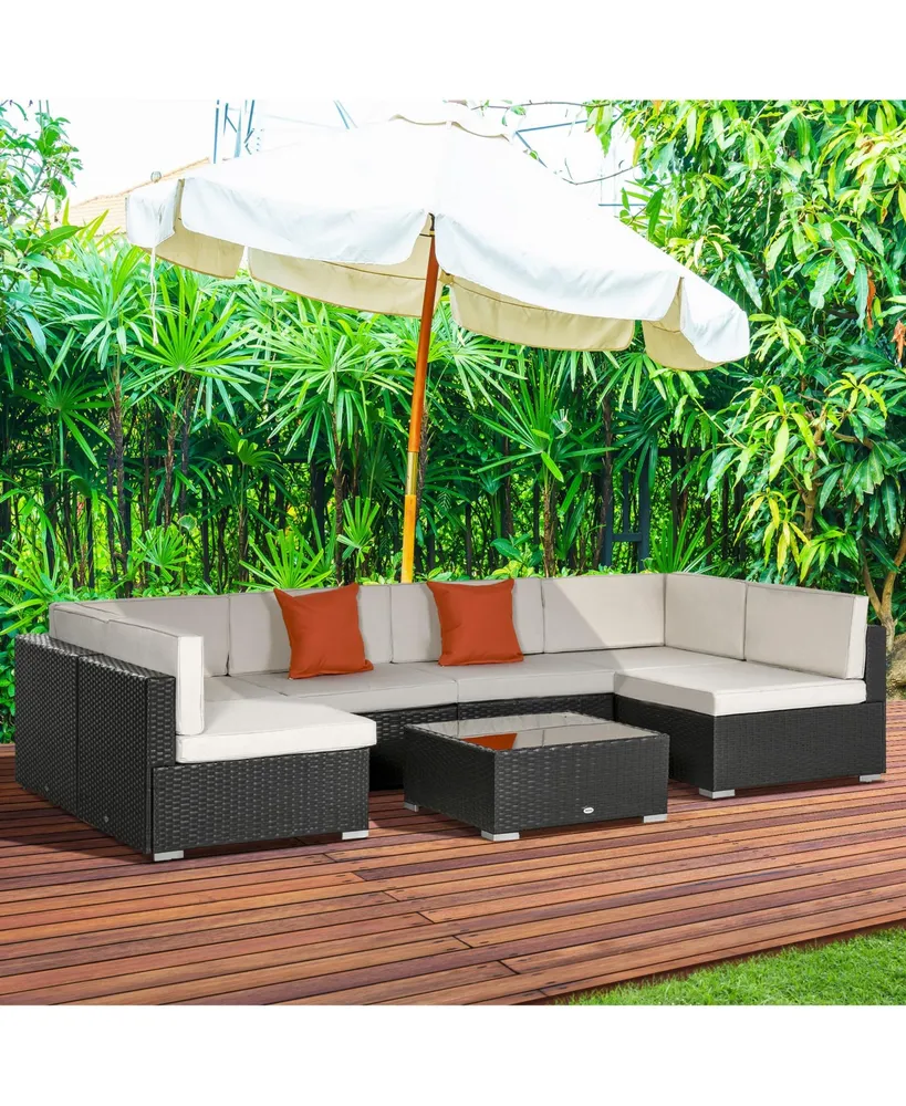 Outsunny 7 Piece Outdoor Patio Conversation Wicker Sofa Set with 6 Cushioned Sectionals & 1 Glass-Topped Coffee Table