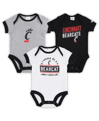 Infant Boys and Girls Champion Black, Heather Gray Cincinnati Bearcats I Wanna Be Three-Pack Bodysuit Set
