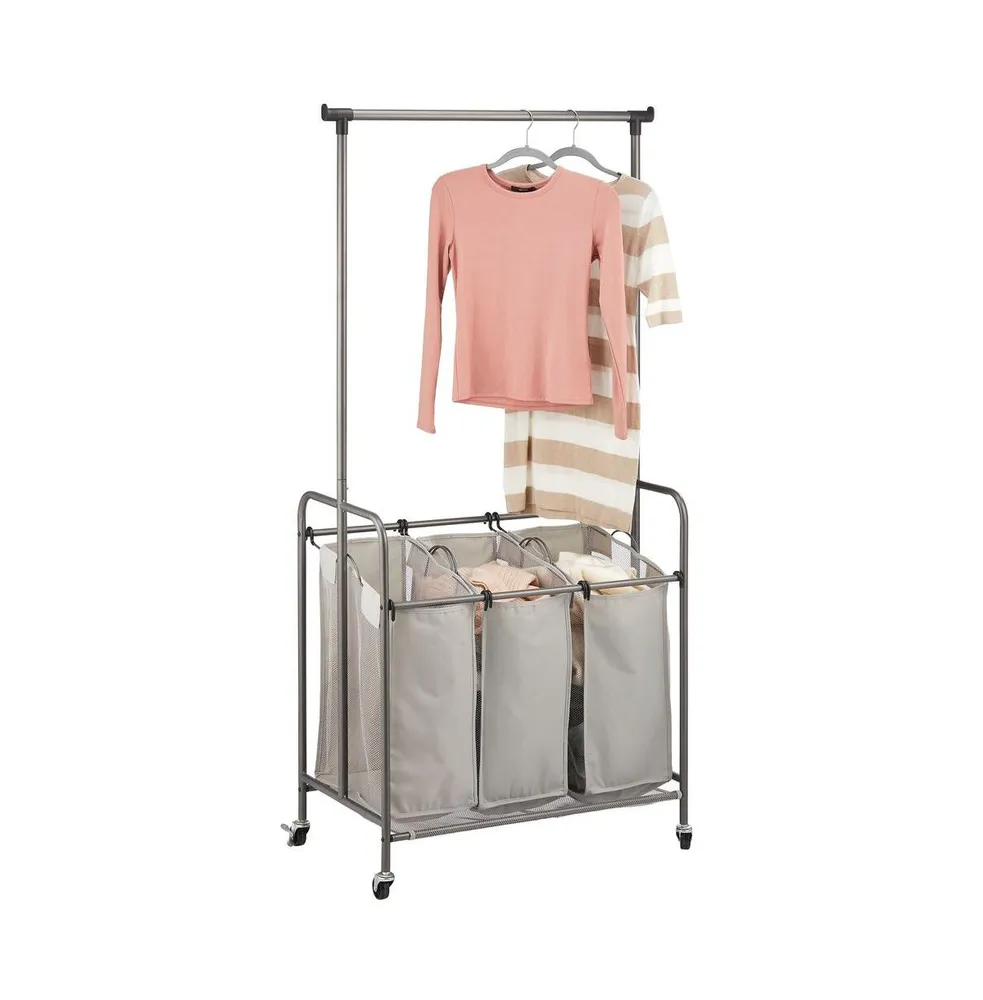 mDesign Portable Laundry Sorter with Wheels and Steel Hanging Bar