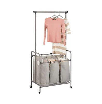 mDesign Portable Laundry Sorter with Wheels and Steel Hanging Bar