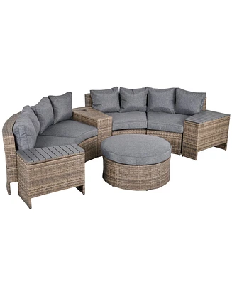 Outsunny 8 Piece Outdoor Rattan Sofa, Half Round Patio Furniture Set with Side Tables, Umbrella Hole, and Cushions, Grey