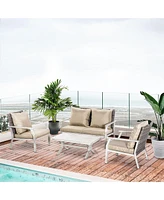 Outsunny Outdoor 4pcs Patio Furniture Set, 2 Plastic Rattan Chairs, 1 Pe Wicker Loveseat Sofa, 1 Center Coffee Table, Soft Cushions for Backyard, Gard