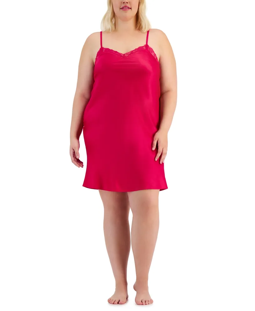 I.n.c. International Concepts Plus Size Lace-Trim Satin Chemise, Created for Macy's