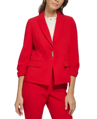 Dkny Petite Ruched-Sleeve Logo-Clasp Blazer, Created for Macy's