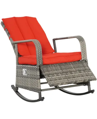 Outsunny Outdoor Rattan Wicker Rocking Chair Patio Recliner with Soft Cushion, Adjustable Footrest, Max. 135 Degree Backers, Red