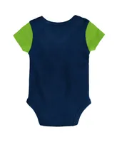 Newborn and Infant Boys and Girls College Navy, Neon Green Seattle Seahawks Little Champ Three-Piece Bodysuit Bib and Booties Set