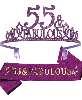 55th Birthday Gifts for women, 55th Birthday Tiara and Sash Purple, 55th Birthday Decorations Party Supplies, 55& Fabulous birthday Satin Sash Crystal