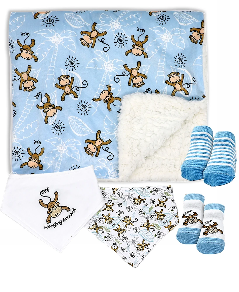 Baby Mode Boys Minky Blanket, Bibs and Socks, 5 Piece Set