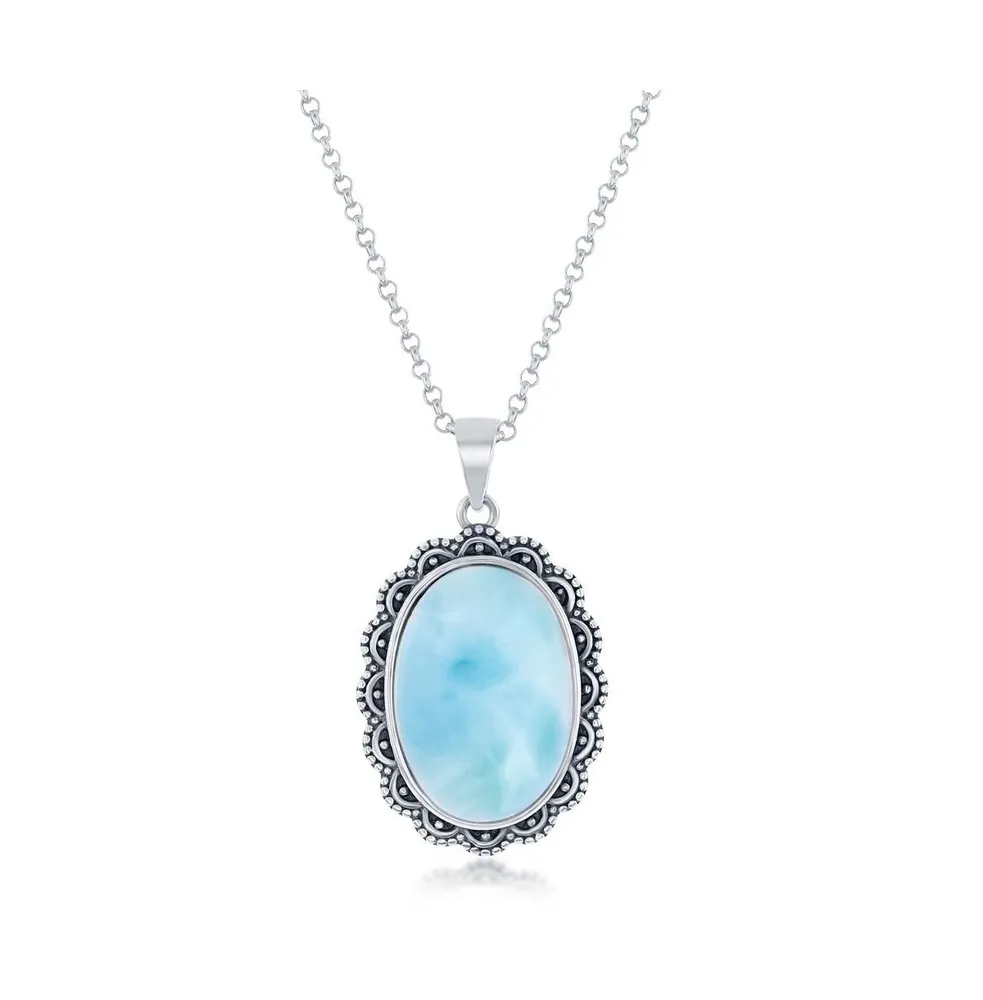 Sterling Silver Oval Larimar Filigree Design Oxidized Necklace