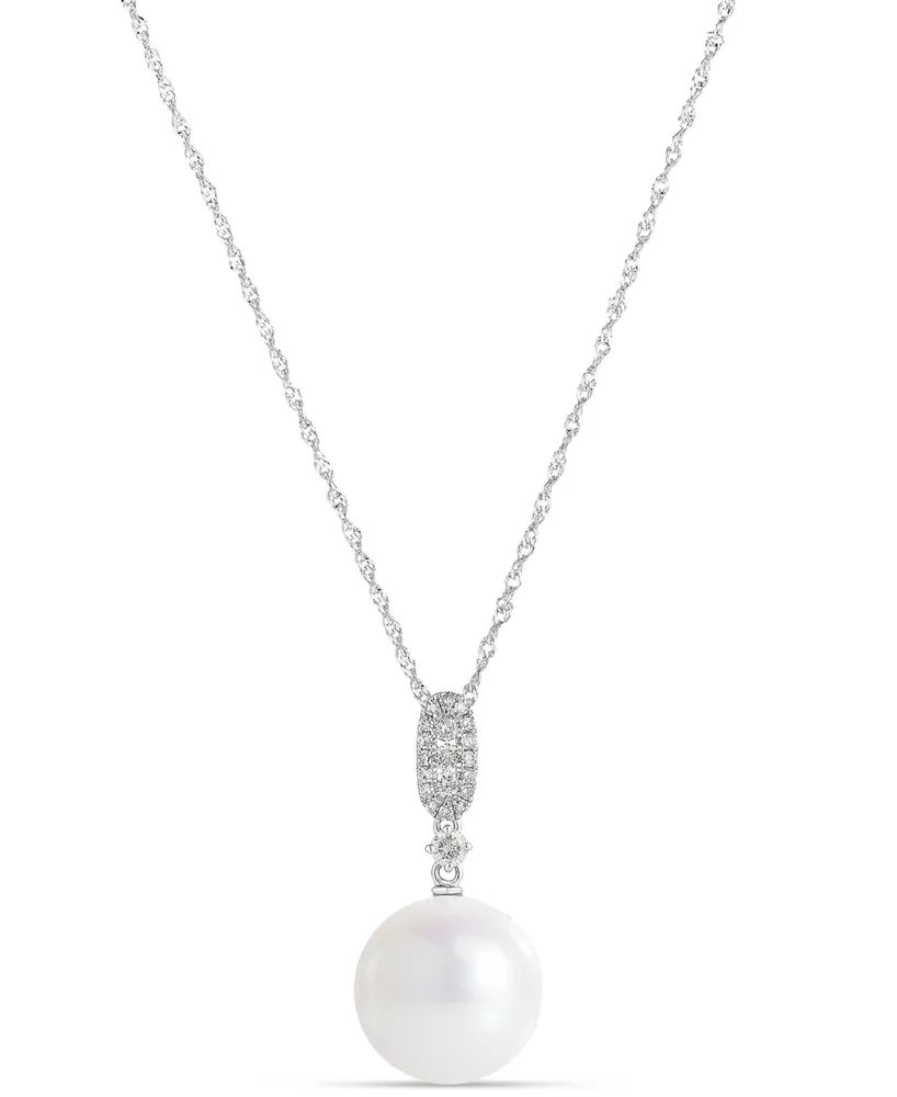 Cultured Freshwater Pearl (10mm) & Diamond (1/6 ct. t.w.) Pendant Necklace in 14k White Gold, 16" + 2" extender