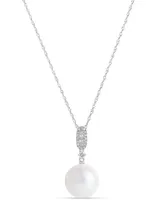 Cultured Freshwater Pearl (10mm) & Diamond (1/6 ct. t.w.) Pendant Necklace in 14k White Gold, 16" + 2" extender