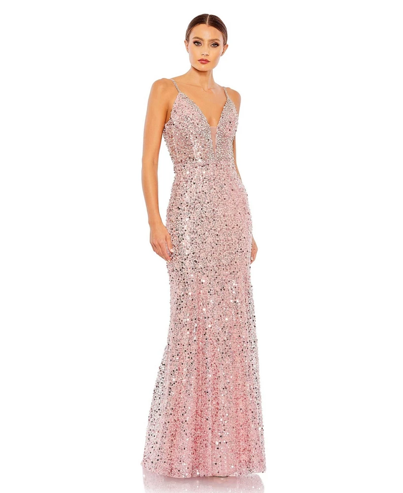 Women's Embellished Plunge Neck Sleeveless Trumpet Gown