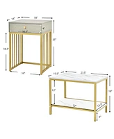 Set of 2 Nesting Coffee Table Drawer Shelf Modern Sofa Side Table Steel Frame