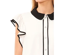 CeCe Women's Contrast Trimmed Flutter Sleeve Blouse