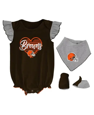 Girls Newborn and Infant Brown, Heathered Gray Cleveland Browns All The Love Bodysuit Bib Booties Set
