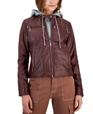 Jou Jou Juniors' Faux-Leather Hooded Moto Jacket, Created for Macy's