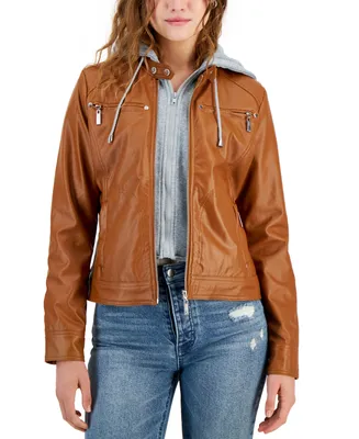 Jou Juniors' Faux-Leather Hooded Moto Jacket, Created for Macy's
