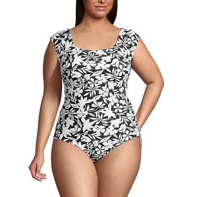 Lands' End Plus Chlorine Resistant Tummy Control Cap Sleeve X-Back One Piece Swimsuit