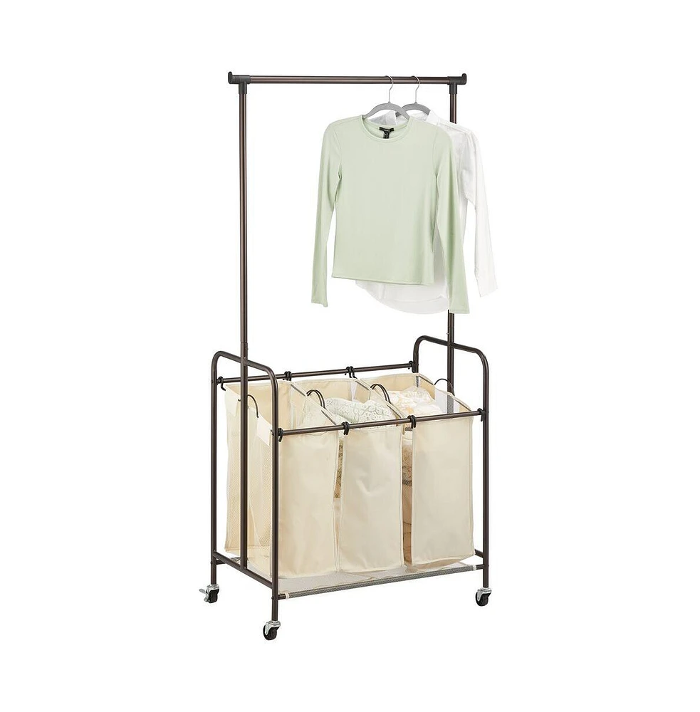 mDesign Portable Laundry Sorter with Wheels and Steel Hanging Bar