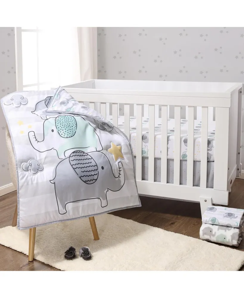 The Peanutshell Grey and Mint Elephant Dreams 5 Piece Crib Bedding Set for Baby Boys or Girls, Nursery Set with Blanket