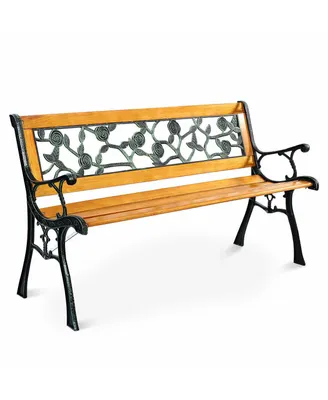Costway Patio Park Garden Bench Porch Chair Outdoor Deck Cast Iron Hardwood Rose