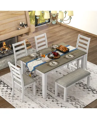 Simplie Fun Rustic Style 6-Piece Dining Room Table Set With 4 Ergonomic Designed Chairs & A Bench
