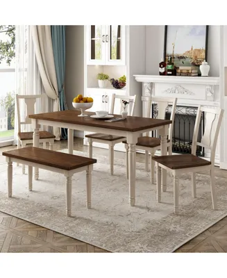 Simplie Fun Classic 6-Piece Dining Set Wooden Table And 4 Chairs With Bench For Kitchen Dining Room