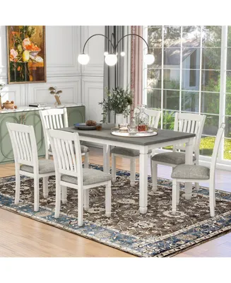 Simplie Fun 7-Piece Dining Table Set Wood Dining Table And 6 Upholstered Chairs With Shaped Legs