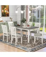 Simplie Fun 7-Piece Dining Table Set Wood Dining Table And 6 Upholstered Chairs With Shaped Legs