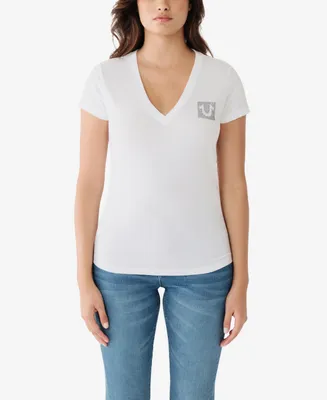 True Religion Women's Short Sleeve Crystal Box Horseshoe Logo V-neck T-shirt
