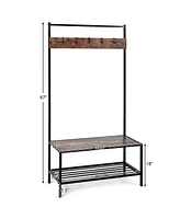 Costway 3 in 1 Industrial Coat Rack Shoe Bench Hall Tree Entryway Storage Shelf w/ Hooks