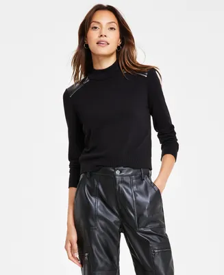 Dkny Jeans Women's Faux Leather Trim Zipper Sweater