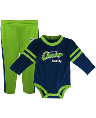 Infant Boys and Girls College Navy, Neon Green Seattle Seahawks Little Kicker Long Sleeve Bodysuit and Pants Set