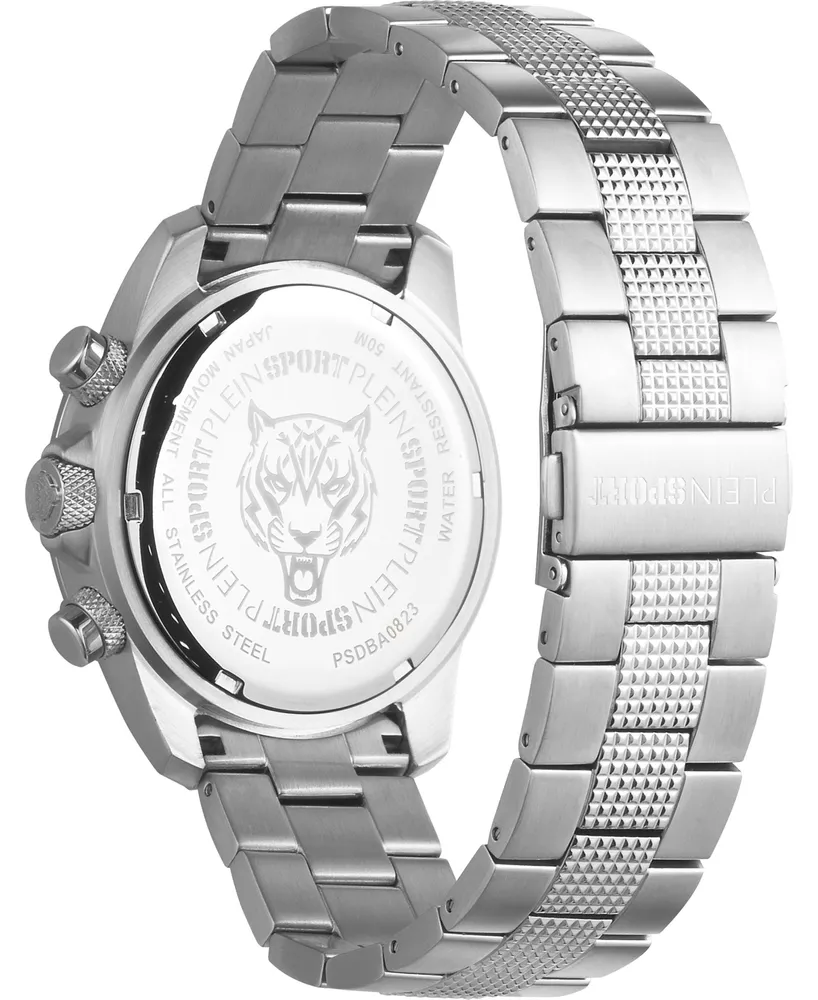Plein Sport Men's Hurricane Silver-Tone Stainless Steel Bracelet Watch 44mm