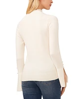 CeCe Women's Imitation Pearl Trim Split Sleeve Mock Neck Sweater