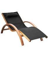 Outsunny Outdoor Chaise Wood Lounge Chair with Pillow, Armrests, Breathable Sling Mesh and Comfortable Curved Design for Patio, Deck, and Poolside