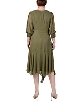 Ny Collection Women's 3/4 Sleeve Belted Chiffon Handkerchief Hem Dress