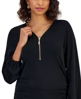 Jm Collection Women's Zip V-Neck Ruched Front Top, Created for Macy's