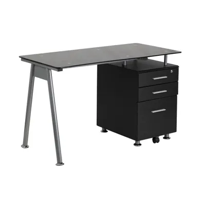 Emma+Oliver Computer Desk With Tempered Glass Top And Three Drawer Pedestal