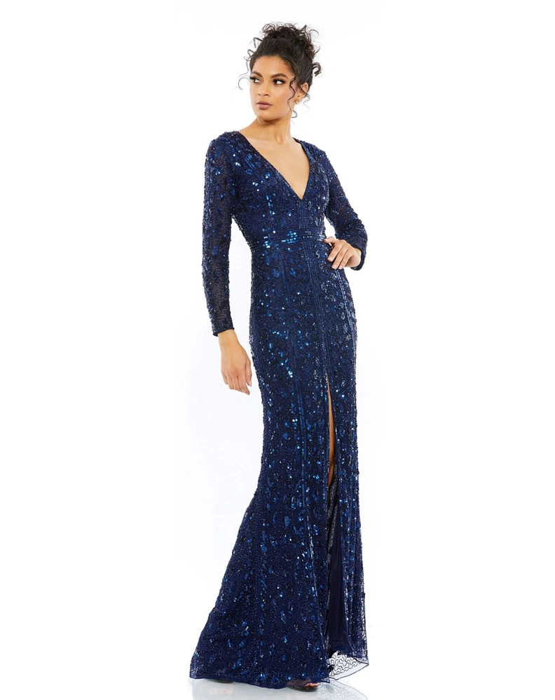 Mac Duggal Women's Embellished Long Sleeve V Neck Gown