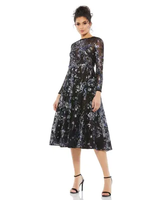 Women's Embellished Illusion Long Sleeve Midi Dress