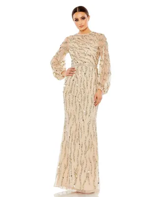 Women's Embellished High Neck Puff Sleeve Trumpet Gown