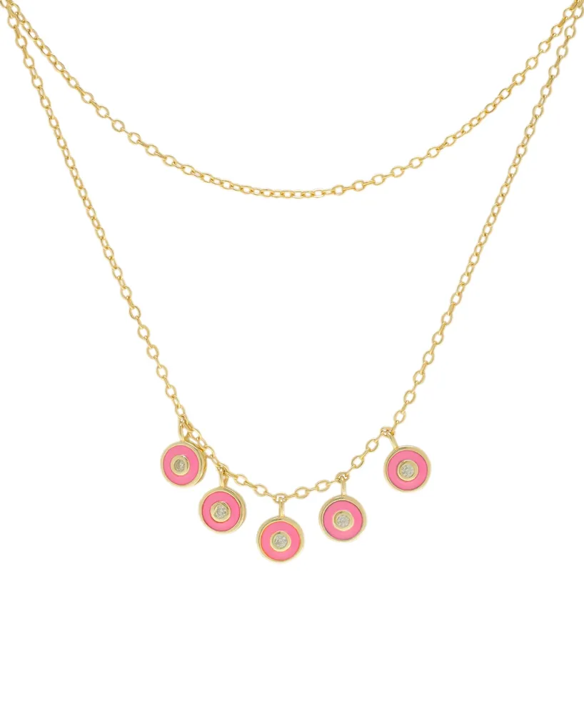 Lab-Grown White Sapphire (1/20 ct. t.w.) & Pink Enamel Layered Necklace in 14k Gold-Plated Sterling Silver, 15" + 2" extender