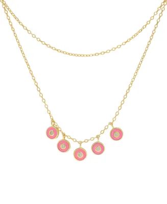 Lab-Grown White Sapphire (1/20 ct. t.w.) & Pink Enamel Layered Necklace in 14k Gold-Plated Sterling Silver, 15" + 2" extender
