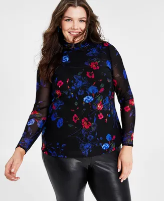 I.n.c. International Concepts Plus Size Floral Print Turtleneck Mesh Top, Created for Macy's