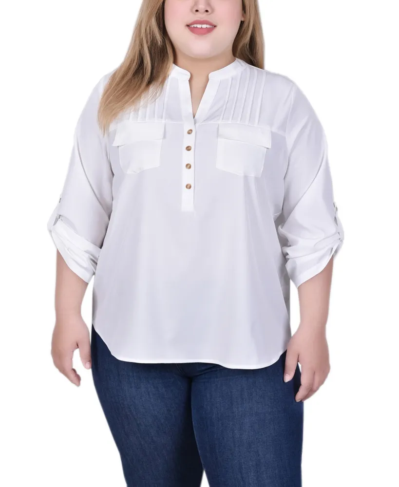 Ny Collection Plus Long Tab Sleeve Blouse with Pockets