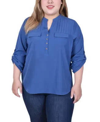 Ny Collection Plus Size Long Tab Sleeve Blouse with Pockets